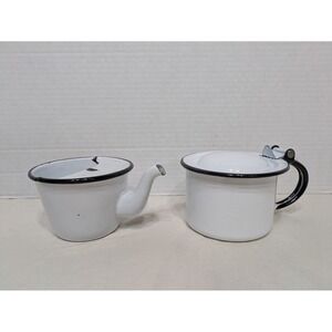 White Enamelware Apothecary Medical Invalid Nursing Cup & Lidded Mug Vintage